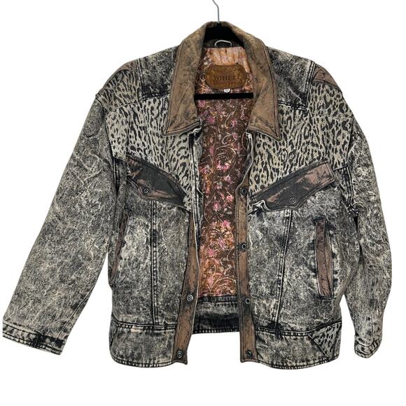 Winlit Vintage Tan Black Suede & Denim Acid Wash Animal Print Biker Jacket S - Picture 5 of 16